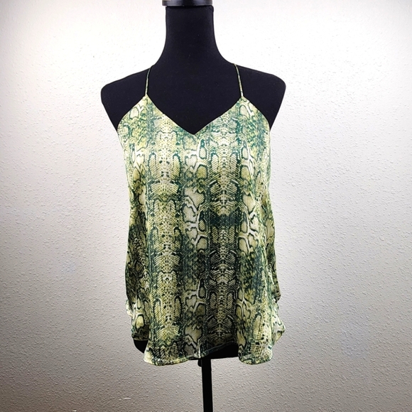 Snake Print Spaghetti Strap Camisole Green Women Small Metallic V-Neck Lined - Picture 1 of 9